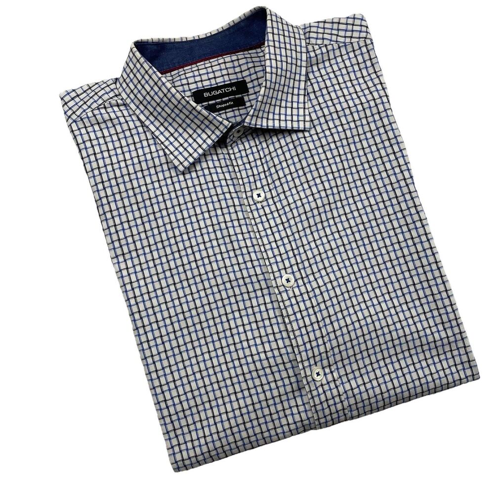 Bugatchi Men’s Long Sleeve Button Up White Check Weave Print Blue/Black-M